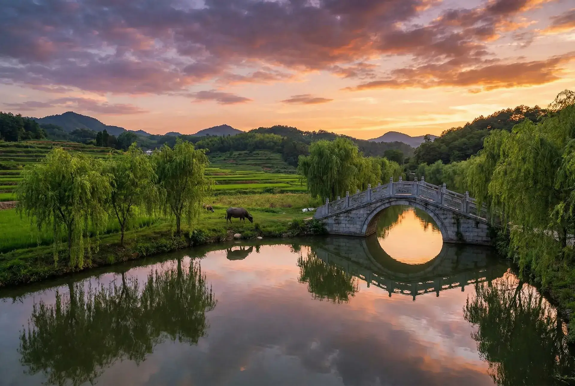 夕阳下的石拱桥与垂柳，水牛在河边吃草 - 155热点爆料 乡村美景